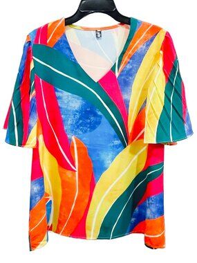 Abstract Leaf Print Flutter Sleeve V-Neck Blouse XL Multicolor